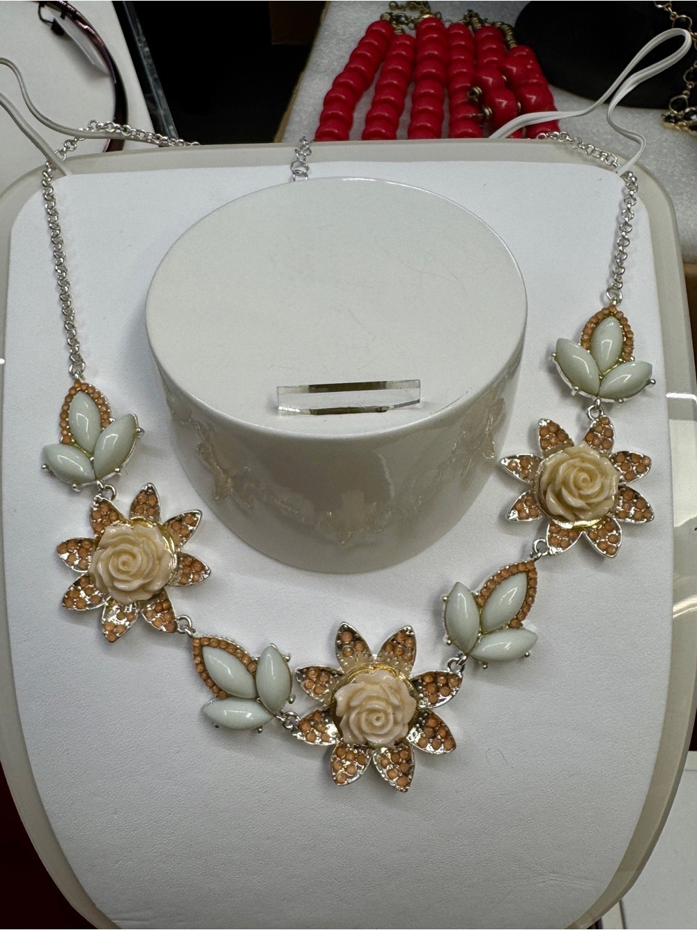 Floral Resin Statement Necklace in Cream and Light Mint - Women Jewelry